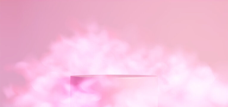 Round podium and white smoke on light pink background. Vector realistic illustration of empty cylinder platform for product presentation, cloud of white mist floating in air, dreamy stage backdrop