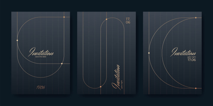 Elegant invitations set with golden lines on black background. Vector realistic illustration of premium card designs collection, luxury event flyer layout with gatsby style pattern, vip menu frame