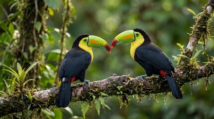 Fototapeta premium Kissing Toucans on Branch: Two vibrant toucans, with their characteristic colorful beaks, share an intimate moment on a lush branch, set against a background of rich forest greenery. 
