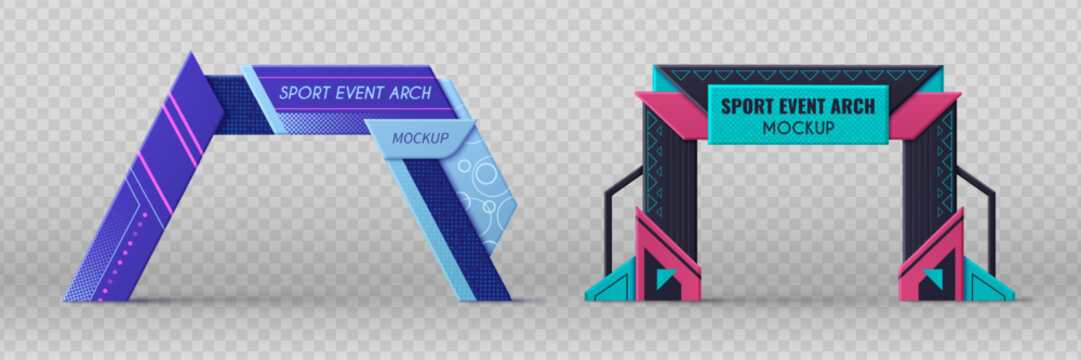 Sport event arch mockup set isolated on transparent background. Vector realistic illustration of color marathon gate with space for branding, start or finish banner design, welcome frame