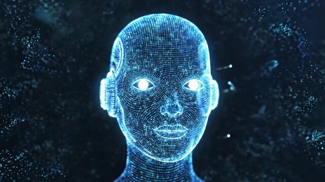 Digital Face Artificial Intelligence Futuristic Glowing Blue Technology Cyber Virtual Human Data Innovation and Emotion Blend Abstract 3D Illustration with Particle Swirl Energy Vortex, Dynamic