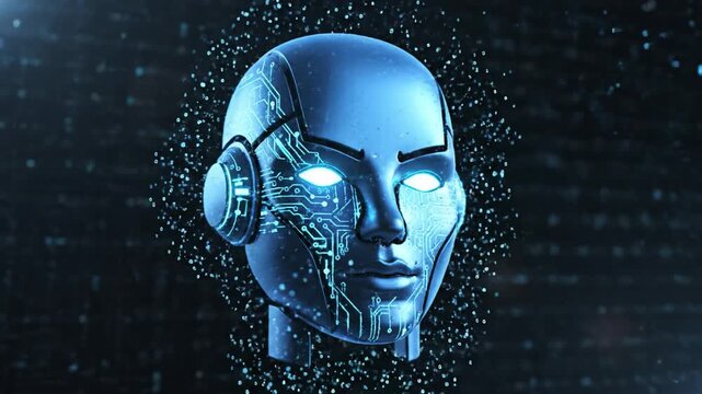 Futuristic Robot Face with Artificial Intelligence, Glowing Eyes, Digital Circuit, Blue Technology, Cybernetic Innovation, Virtual Reality, Abstract Blue Particle Swirl, Dynamic Motion, Science Data