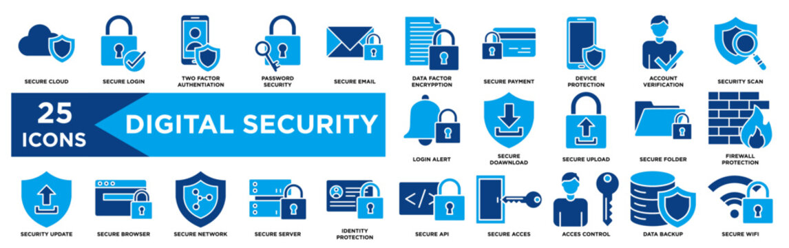 Digital Security Dual Tone Icon Set - Secure Cloud, Secure Login, Secure Email, Device Protection, Secure Payment.eps