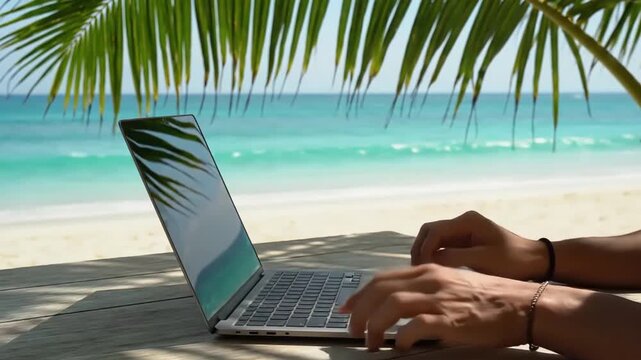 Close up of male hands typing on laptop on wooden table at tropical beach with turquoise ocean and palm tree leaf in the background, remote work and digital nomad lifestyle concept.