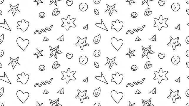 Cute hand-drawn doodle pattern with stars hearts and smiley faces perfect for childrens designs and playful backgrounds