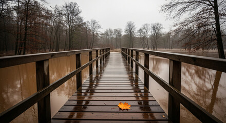 Fototapeta premium Wooden bridge over flooded area with single orange leaf in autumn 