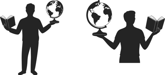 Black silhouettes of a man holding an open book and a world globe representing global education, geography learning, and knowledge. © MstMoheja