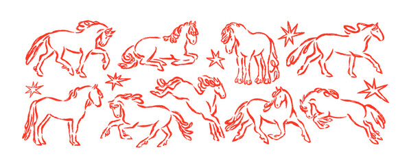 Naklejka premium Horse sketches, doodle outline drawings set. Handdrawn foals, charcoal chalk line, contour style. Equine animals running, standing, jumping. Hand-drawn vector illustration isolated on white background