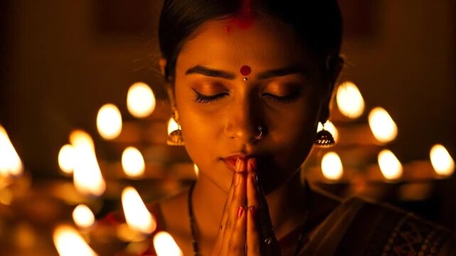 Expressive Woman Praying with Soft Candlelight in Warm Dim Temple Setting