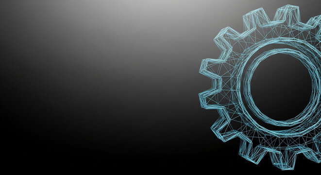 Wireframe gear with glowing lines on a dark background