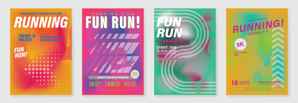 Sport event and fun run poster set vector with bright neon colors, geometric stripes, runner silhouettes, and bold typography. Dynamic advertising design for race promotion, charity events.