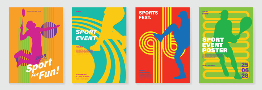 Sport event and fun run poster set vector with bright neon colors, geometric stripes, runner silhouettes, and bold typography. Dynamic advertising design for race promotion, charity events.