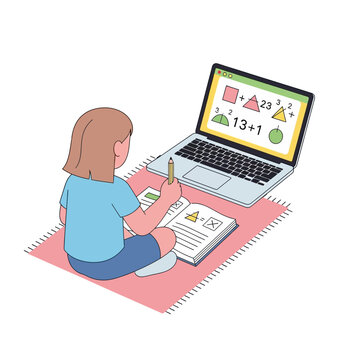 Child learning math online, doing homework on laptop and notebook, isometric view.