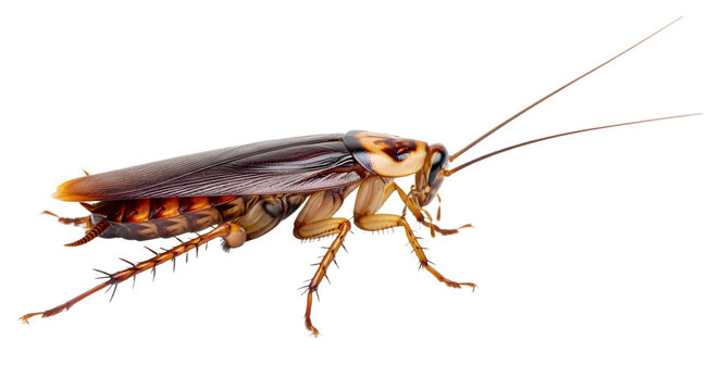 Detailed close- up of a large brown cockroach with antennae and legs in natural texture background