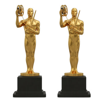 Golden oscar statuette on black base isolated on transparent background