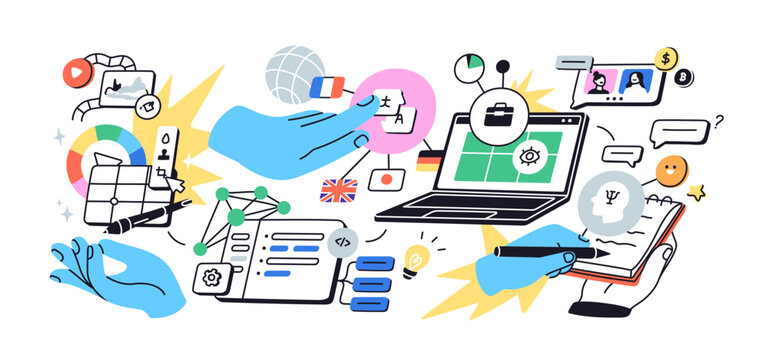 E-learning, digital education concept. Virtual distant classes, courses, elearning. Remote training, online study, web technology with laptop. Flat vector illustration isolated on white background