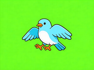 Fototapeta premium Cartoon bird perched centrally on a vivid lime green backdrop, blue body and orange beak highlighted, viewed head-on in a bold illustration