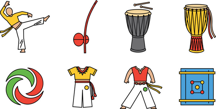 Capoeira Martial Art Icon Set with Fighter Berimbau Drum Traditional Costume and Brazilian Culture Elements Flat Vector Illustration Collection