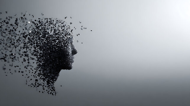 Human head dissolving into small particles on neutral background with copy space. Concept of mental health, burnout, stress, anxiety, identity loss and psychological instability