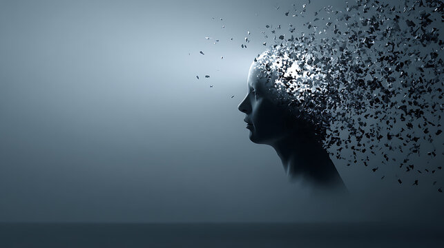 Female head dissolving into scattered particles, symbolizing thoughts dispersing, mental clarity or loss. Concept of transformation, psychology, and identity in a calm, minimal scene