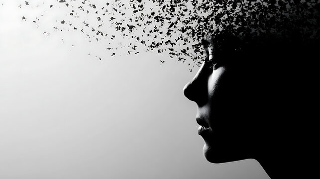 Black silhouette of a human face dissolving into fragments, symbolizing loss of identity, thoughts fading, and mental breakdown. Minimal conceptual scene about psychology and change