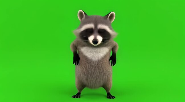 Cute Cartoon Raccoon Character Dancing and Waving on Green Screen Background.
