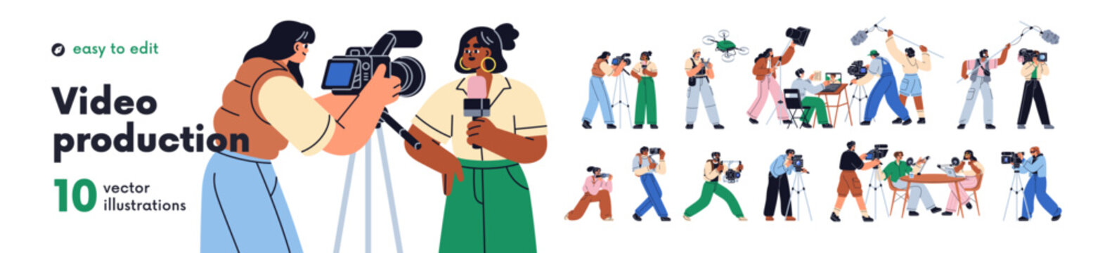 Video production set. Videographer, movie crew, media team, reporter recording, shooting. Cameraman, operator filming on professional camera. Flat vector illustration isolated on white background