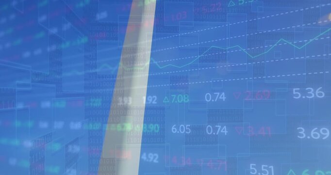 Animation of financial data processing over purple background