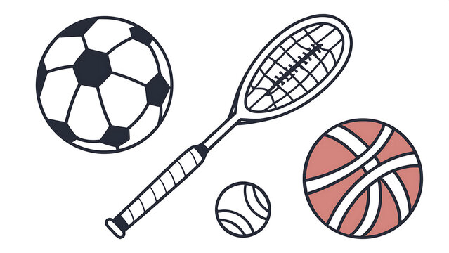 Set of sports equipment including a soccer ball, a tennis racket, a small ball, and a basketball isolated on transparent background