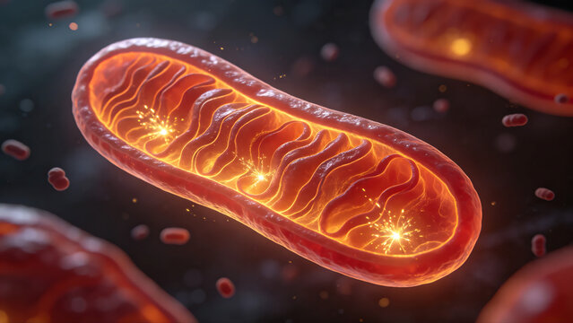 Vibrant orange‑red mitochondrion with glowing cristae rendered in a digital illustration, close‑up view against a dark speckled cellular background