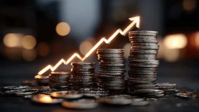 Financial Growth:  Visual representation of financial growth with a glowing upward trend line illuminating a stack of coins. Highlighting concepts of investment, profits.