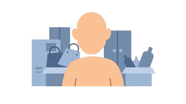 Hoarding disorder 2d icon animation. A man surrounded by overflowing boxes, bags, and cluttered furniture, representing the challenges of hoarding disorder.