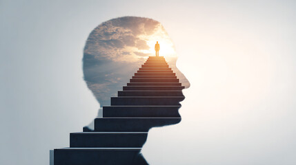 Mental health concept with human head silhouette and stairs leading to light, symbolizing personal growth, self development, recovery, motivation, inner journey, hope and psychological progress