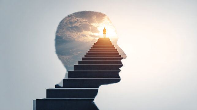 Mental health concept with human head silhouette and stairs leading to light, symbolizing personal growth, self development, recovery, motivation, inner journey, hope and psychological progress