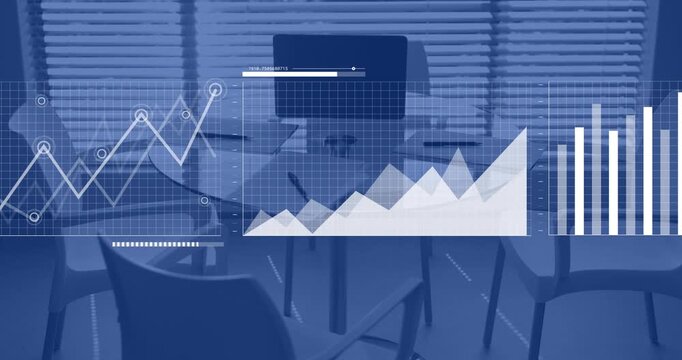 Animation of statistical data processing against close up view of office desk