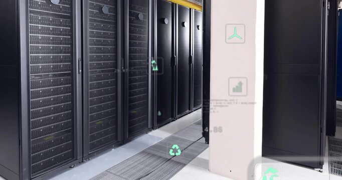 Animation of eco icons and data processing over computer servers