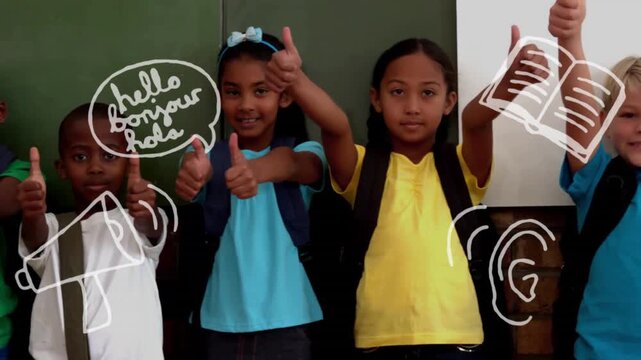 Animation of school items icons over diverse schoolchildren with thumbs up