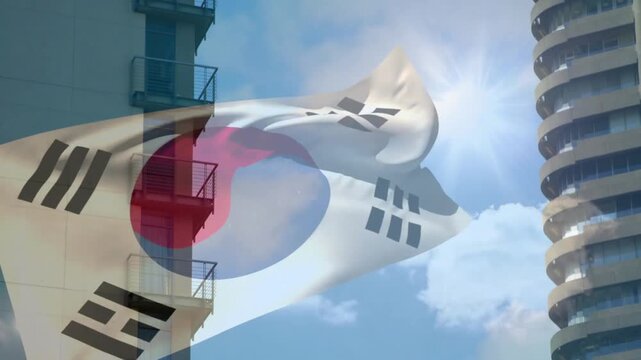 Animated illustration of South Korean flag waving across clear sky, overlaying modern urban skyline
