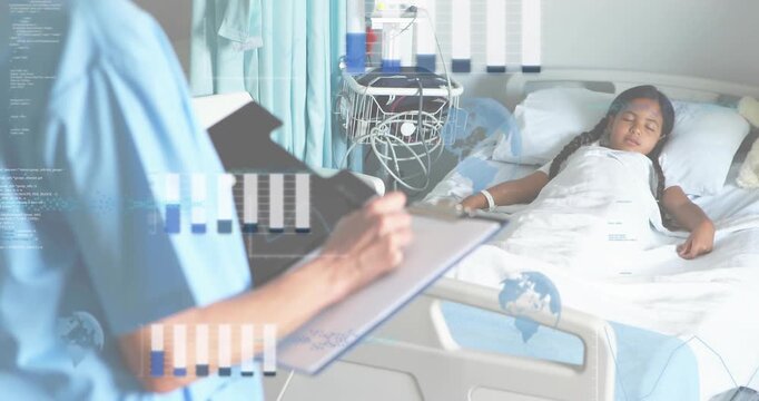 nurse reviewing patient chart while accessing records, animating bars then closing chart