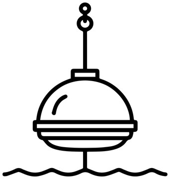 Clean outline icon of a wave energy converter buoy with anchor line in calm water representing renewable power generation and marine technology innovation for sustainable ocean