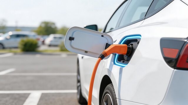Electric car charging in parking lot
