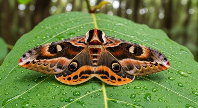 A large, orange and black moth with intricate patterns on its wings rests on a dew-covered leaf, surrounded by a lush forest backdrop.