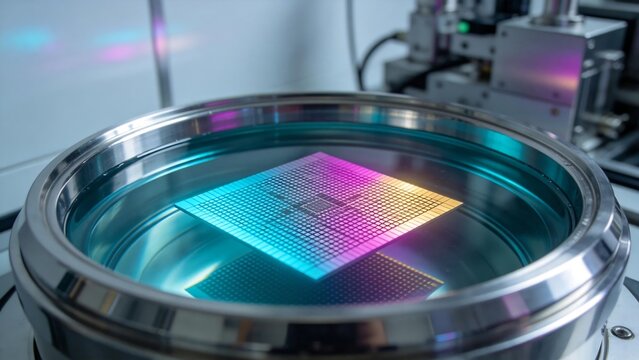 Semiconductor chip in liquid with colorful reflection