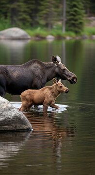 A mother moose and her calf wading through a calm, reflective lake in a lush forest setting