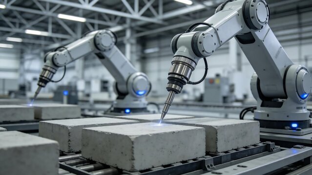 Industrial robots working on concrete blocks