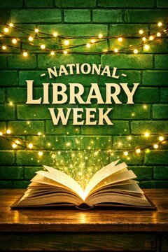 National library week, book with light on wooden table