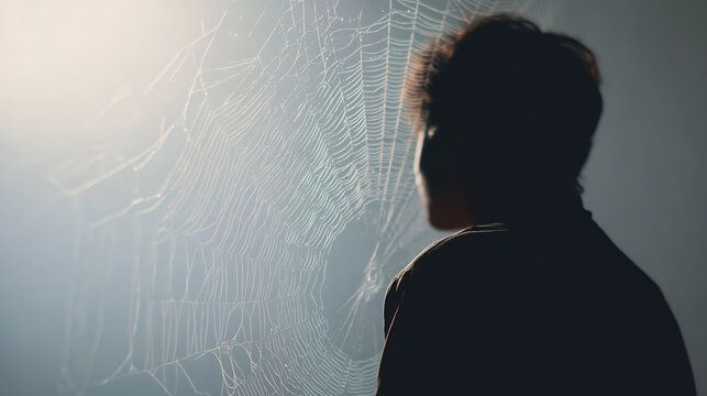 Description (180&ndash;190 characters):
Silhouette of a person facing a spider web, symbolizing feeling trapped in thoughts, anxiety and mental entanglement. Concept of overthinking, fear and psychological 