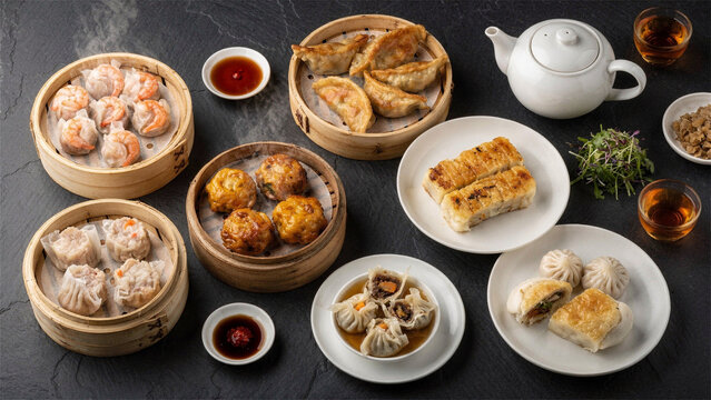 Assorted dim sum spread with tea on dark slate table