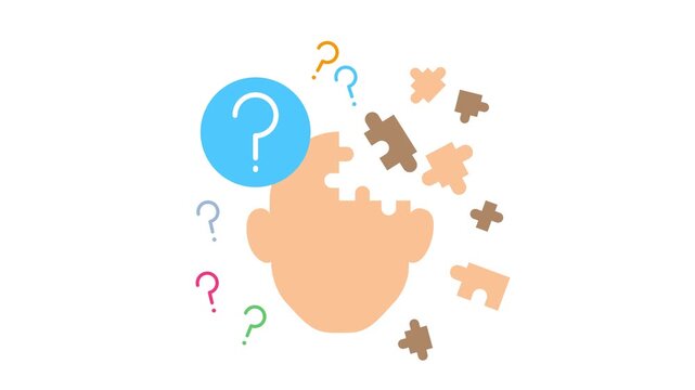 Dementia 2d icon animation. A visual representation of cognitive decline, where puzzle pieces float away from the mind to illustrate the progressive nature of memory loss and confusion.