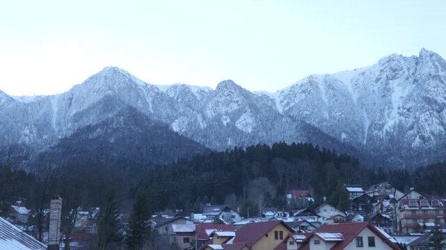 Bucegi Mountains Landscape from Mountain Cabin with Rural Village &ndash; Romania